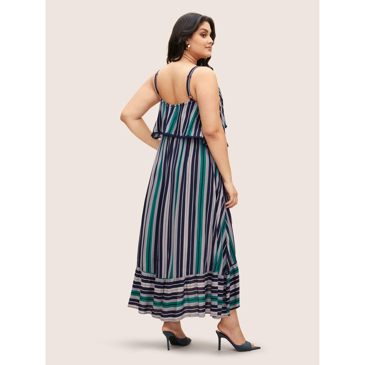 Plus Size Contrast Striped Ruffles Woven Ribbon Dress Indigo Women Elegant Woven ribbon&lace trim One-shoulder neck Sleeveless Curvy BloomChic 14-16/1X Product Image
