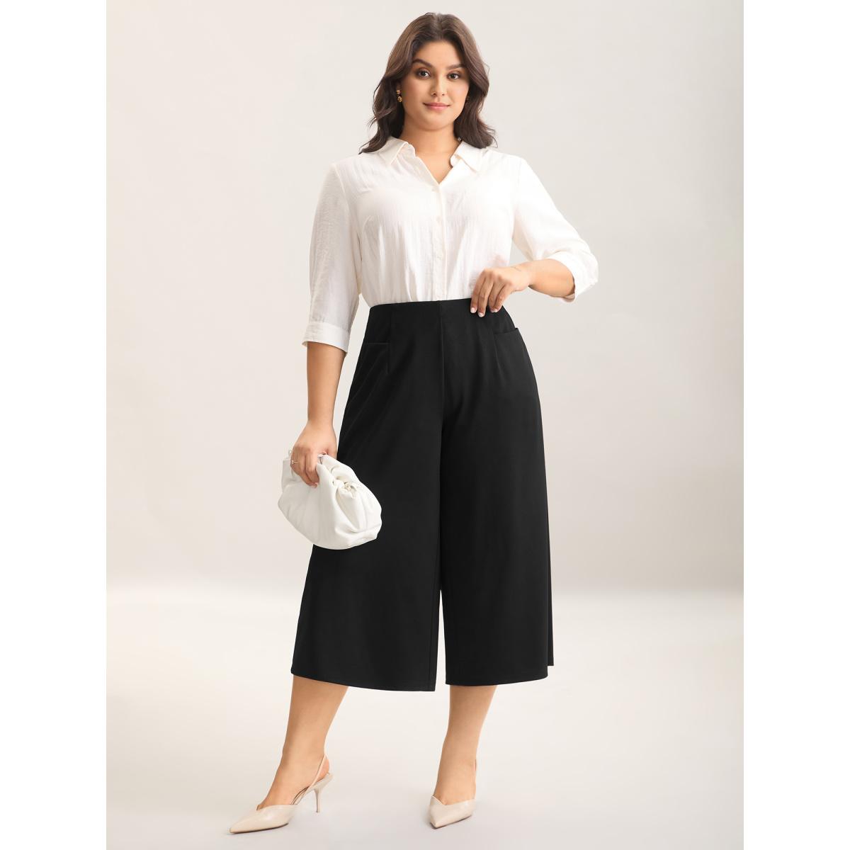 Plus Size Stretch Woven Wide-Leg Pull-On Pants Women Black At the Office Wide Leg Mid Rise Work Pants BloomChic 28/5X Product Image