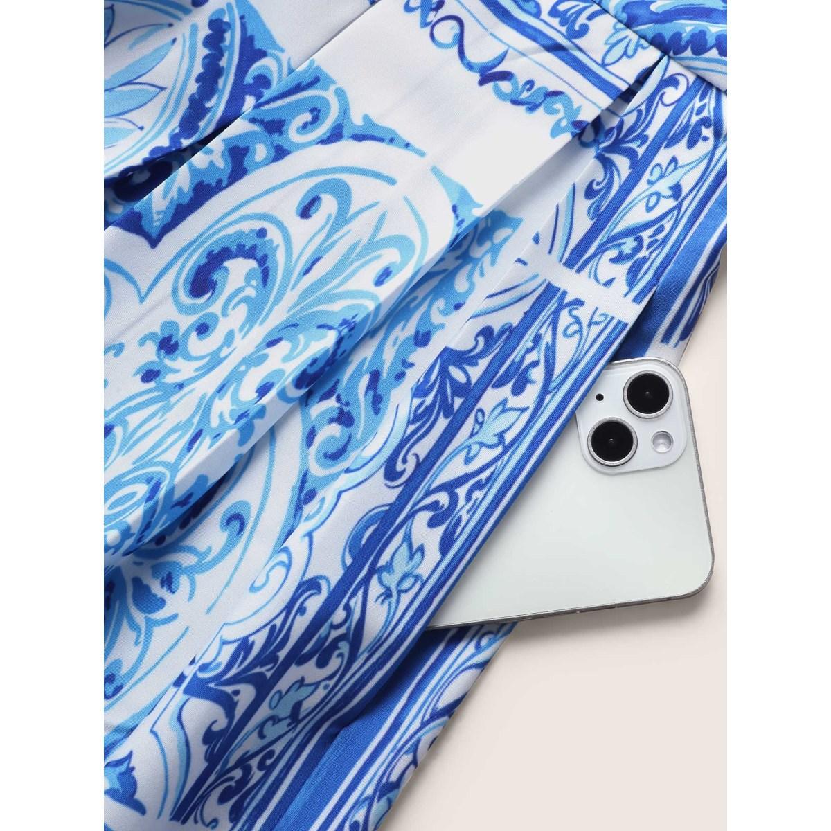 Plus Size Boho Print Square Neck Plicated Detail Midi Dress Mediumblue Women Elegant Pleated Square Neck Sleeveless Curvy BloomChic 12/L Product Image