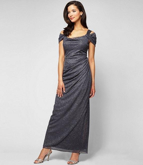 Alex Evenings Glitter Mesh Cowl Neck Cold Shoulder Cap Sleeve Side Slit Ruched Gown Product Image