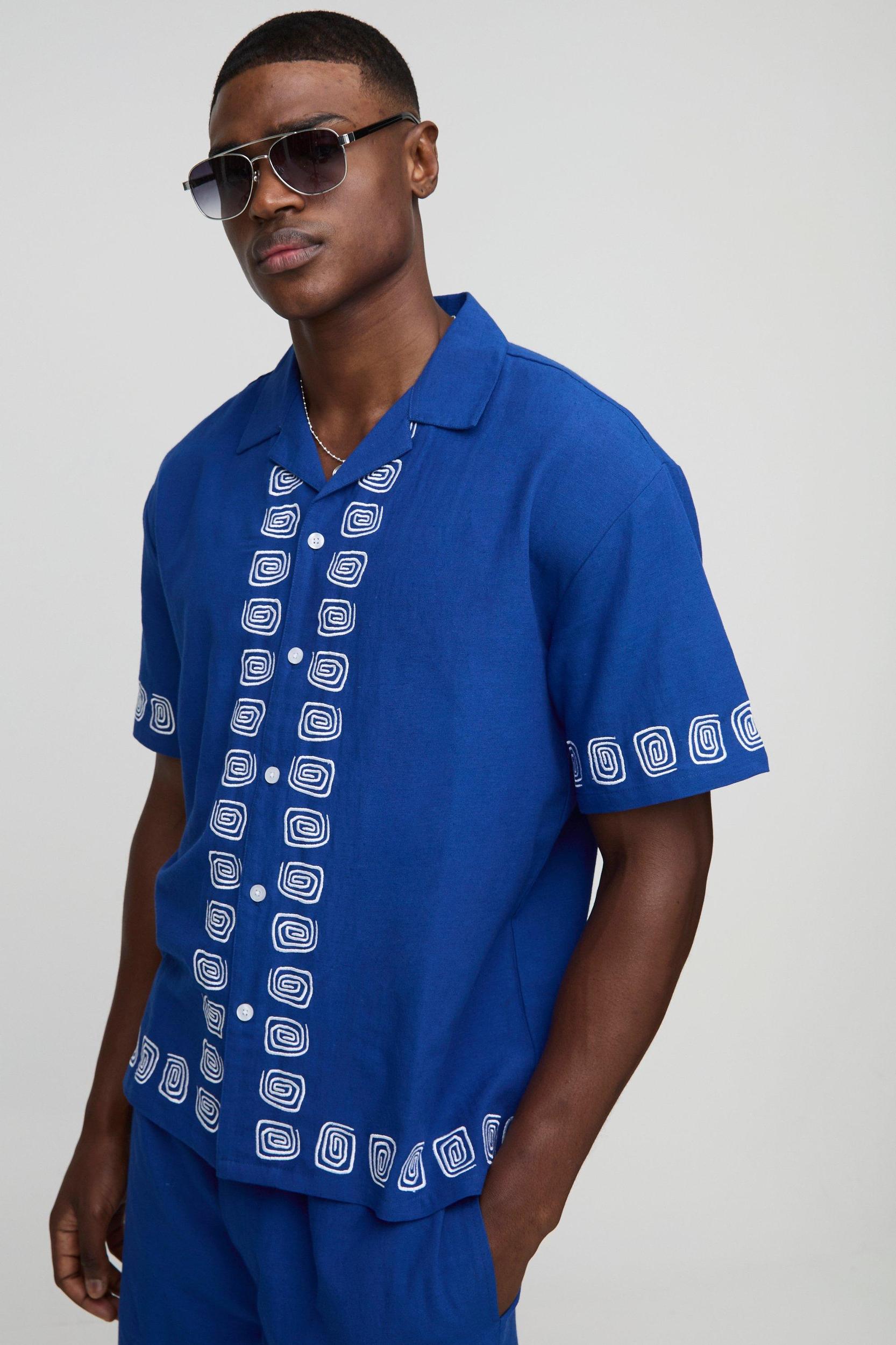 Oversized Embroidery Linen Blend Shirt & Short Set | boohooMAN USA Product Image