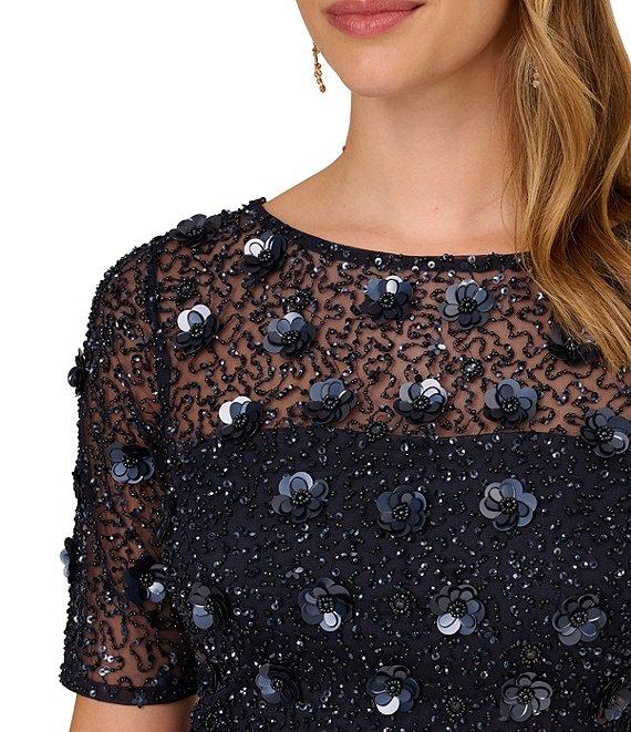 Adrianna Papell Floral Beaded Mesh Round Neck Short Sleeve Gown Product Image