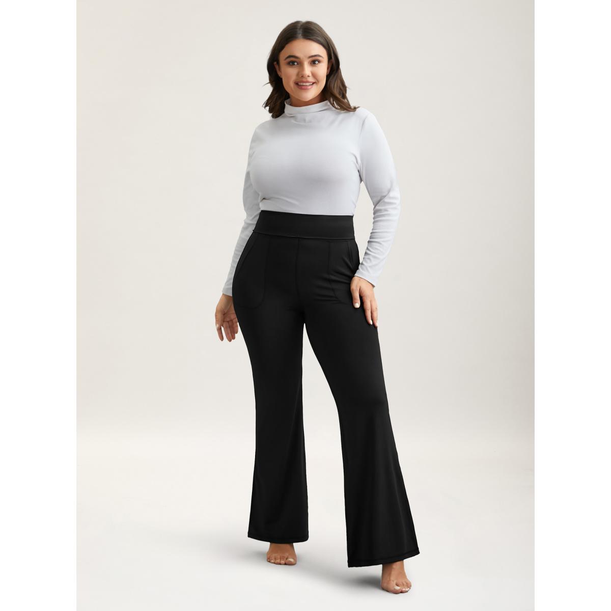Plus Size Ruched Wide Waist Pockets Tight Pants Women Black Elegant High stretch Bootcut Mid Rise Everyday Leggings BloomChic 22-24/3X Product Image
