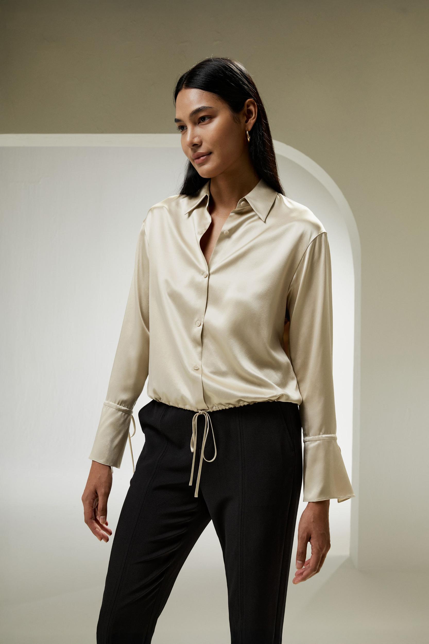 LILYSILK Womens Button Up Shirt Silk - Taupe Natural Silk - Fashionable Drawstring Shirt XL Product Image