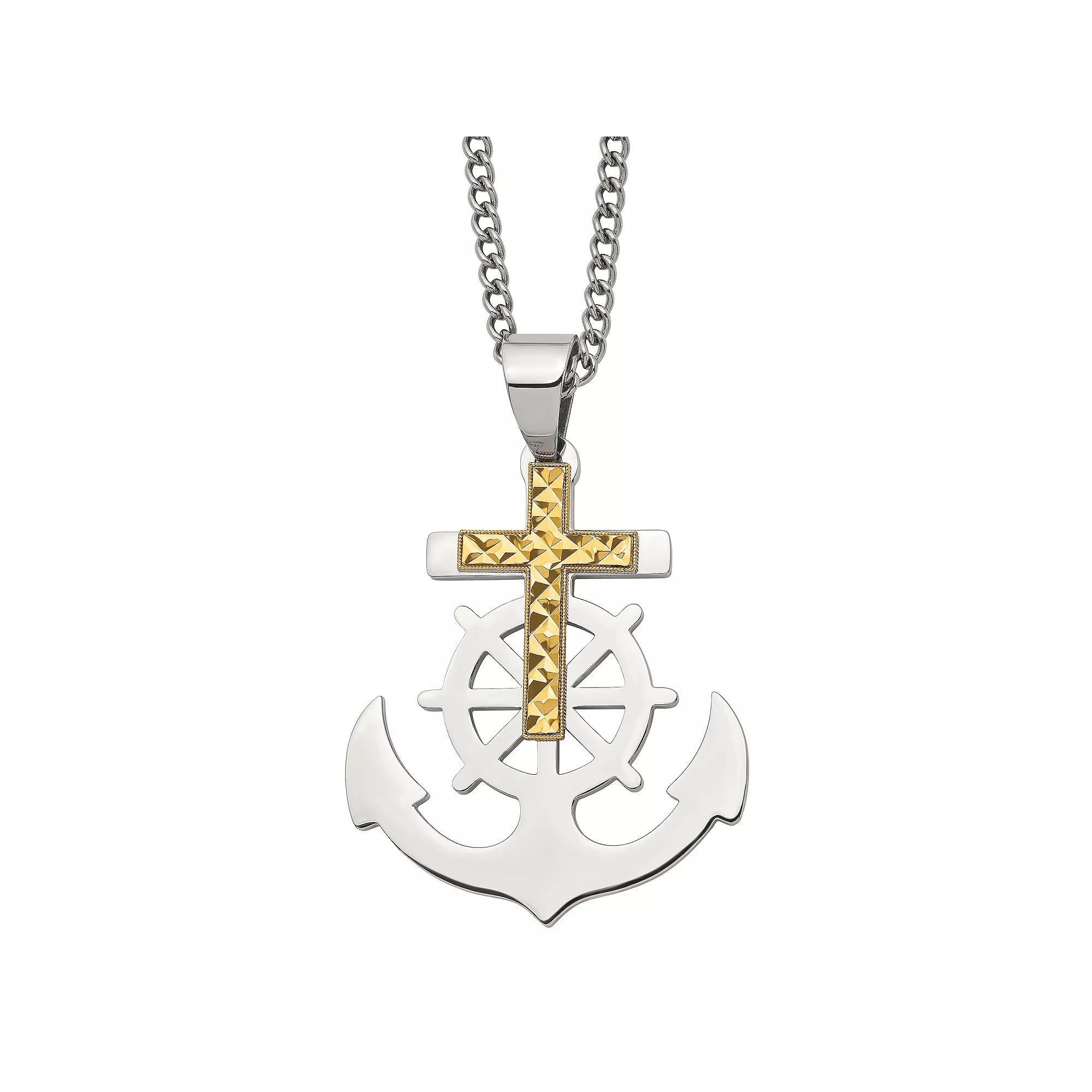 Mens Stainless Steel Cross & Anchor Pendant Necklace Product Image