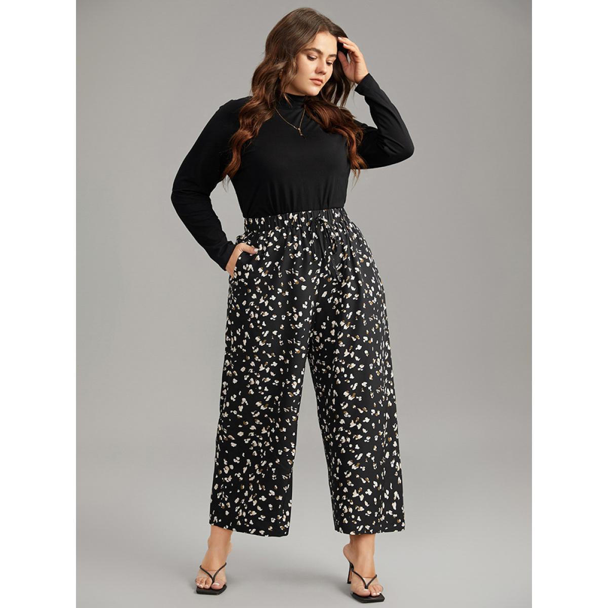 Plus Size Ditsy Floral Elastic Waist Ties Pants Women Black Casual Straight Leg High Rise Dailywear Pants BloomChic 14-16/1X Product Image