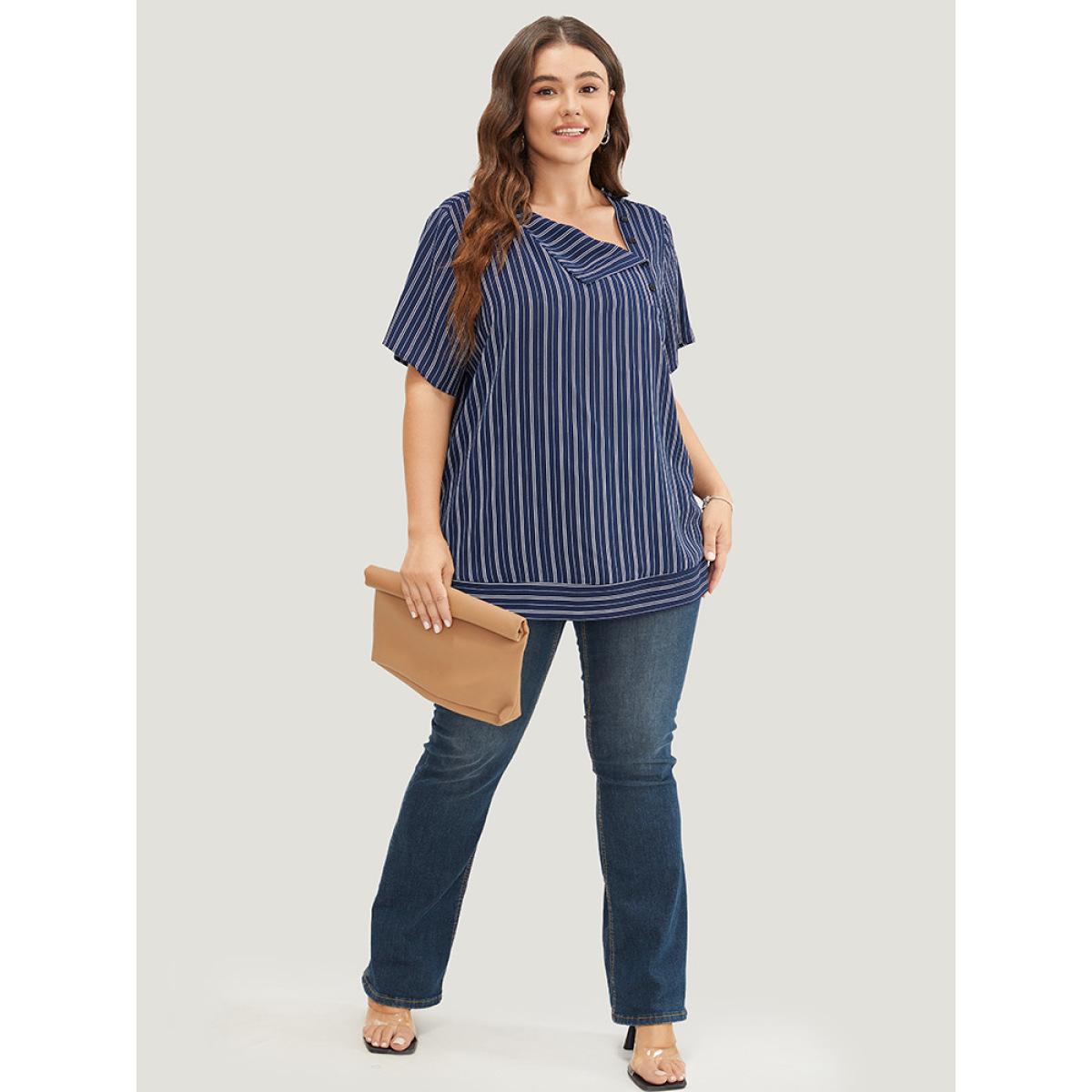 Plus Size DarkBlue Striped Print Asymmetrical Neck Blouse Women Office Short sleeve Asymmetrical Neck Work Blouses BloomChic 26/4X Product Image