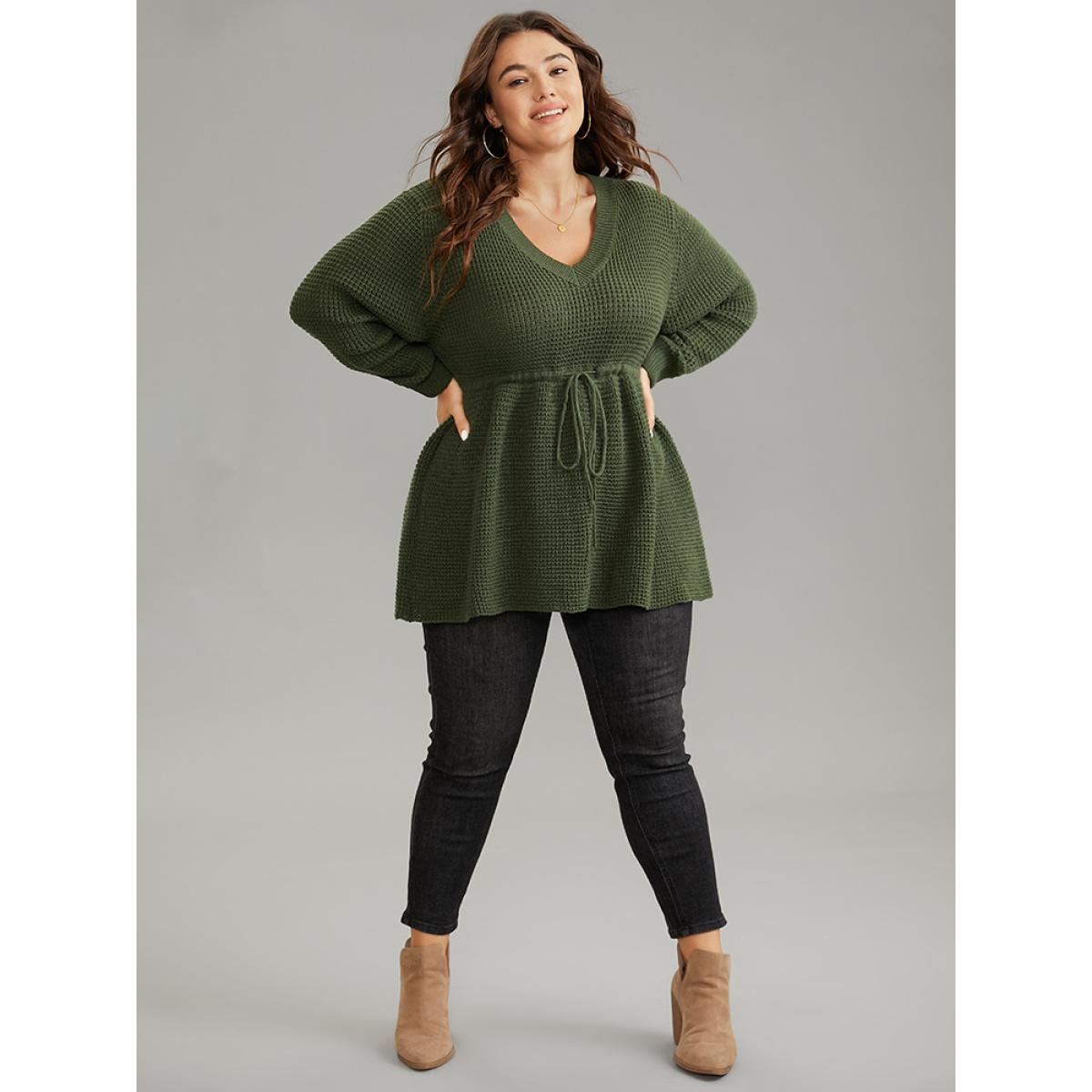Plus Size Solid Drawstring Curved Hem Knit Pullover ArmyGreen Women Casual Long Sleeve V-neck Everyday Pullovers BloomChic 28/5X Product Image
