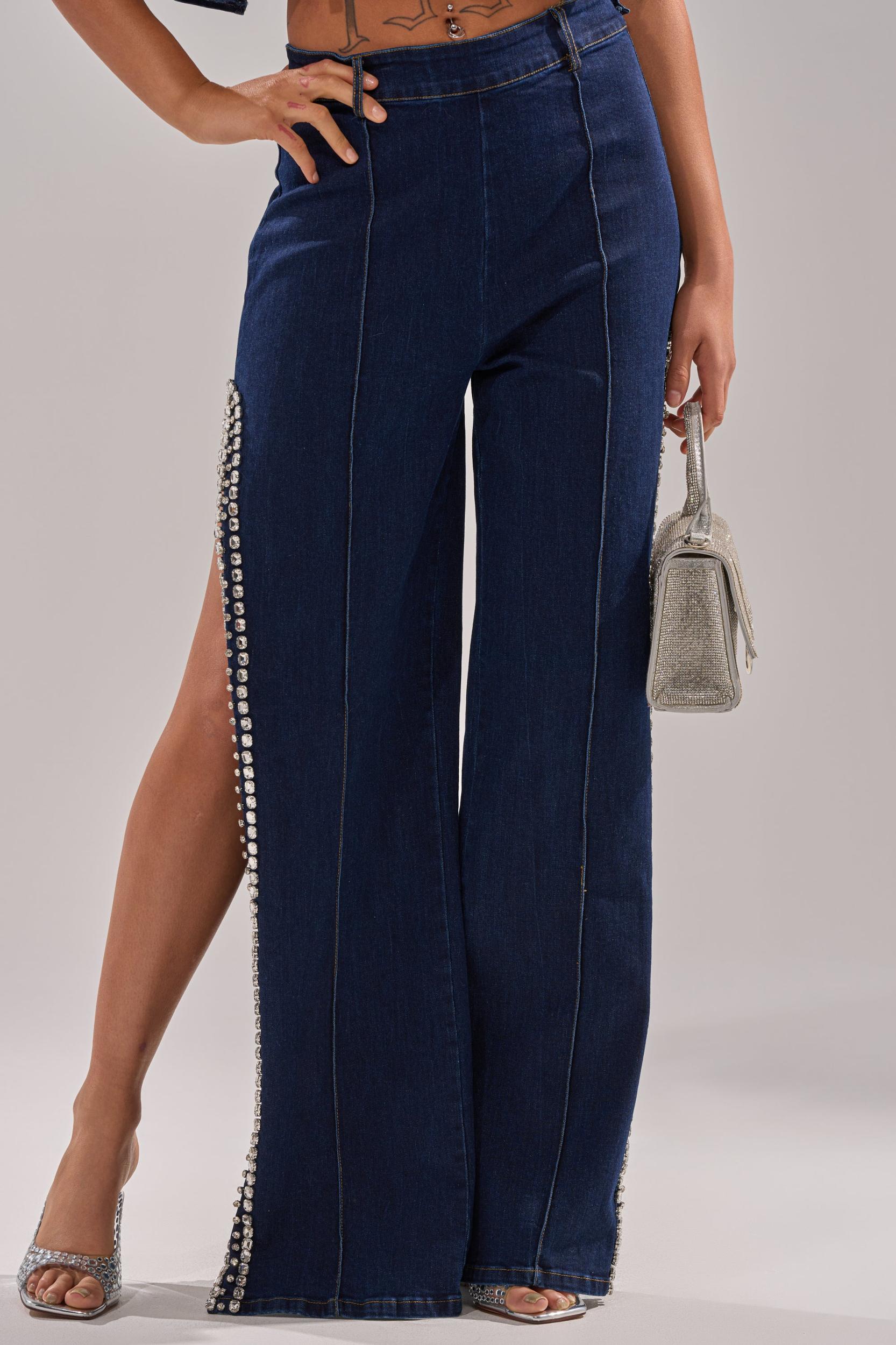 POPPIN OUT RHINESTONE DENIM PANT IN DARK WASH DENIM Product Image