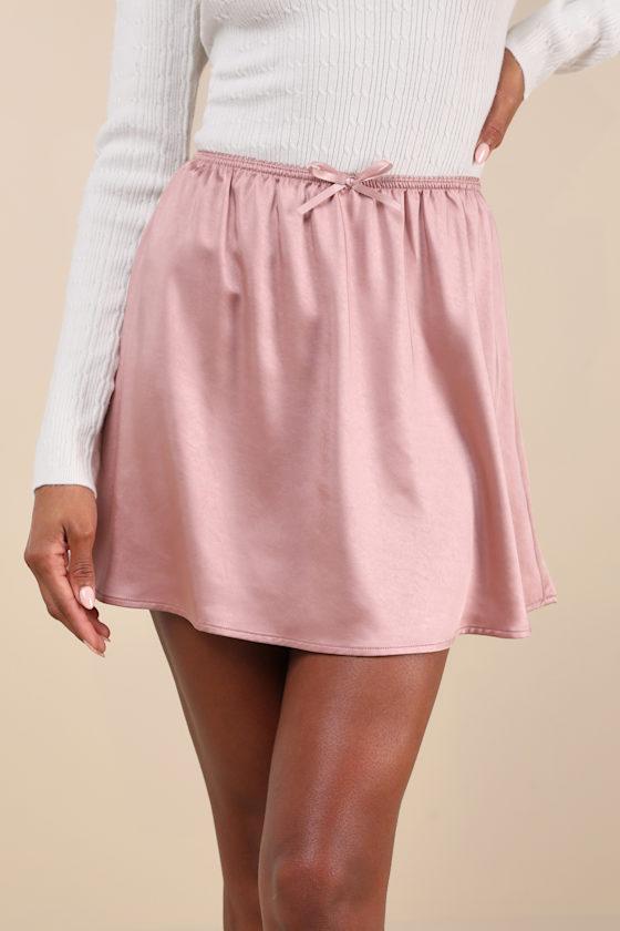 Delicate Aesthetic Mauve Satin Bow Mini Skirt Product Image