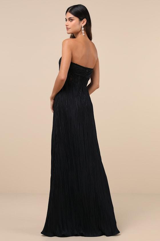 Desme Black Satin Plisse Strapless Maxi Dress Product Image