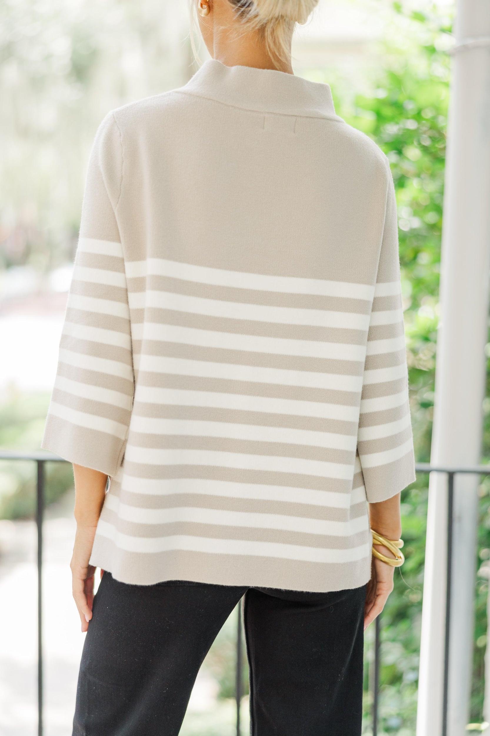 Just A Feeling Taupe Striped Mock Neck Sweater Female Product Image