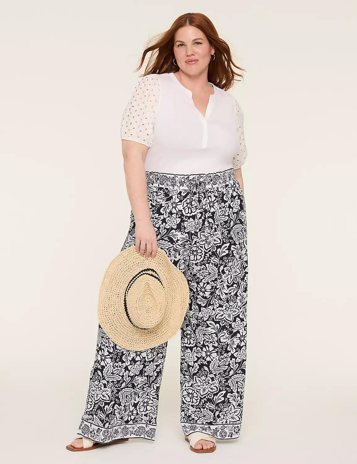 Eyelet-Sleeve Notch-Neck Rib Top Product Image