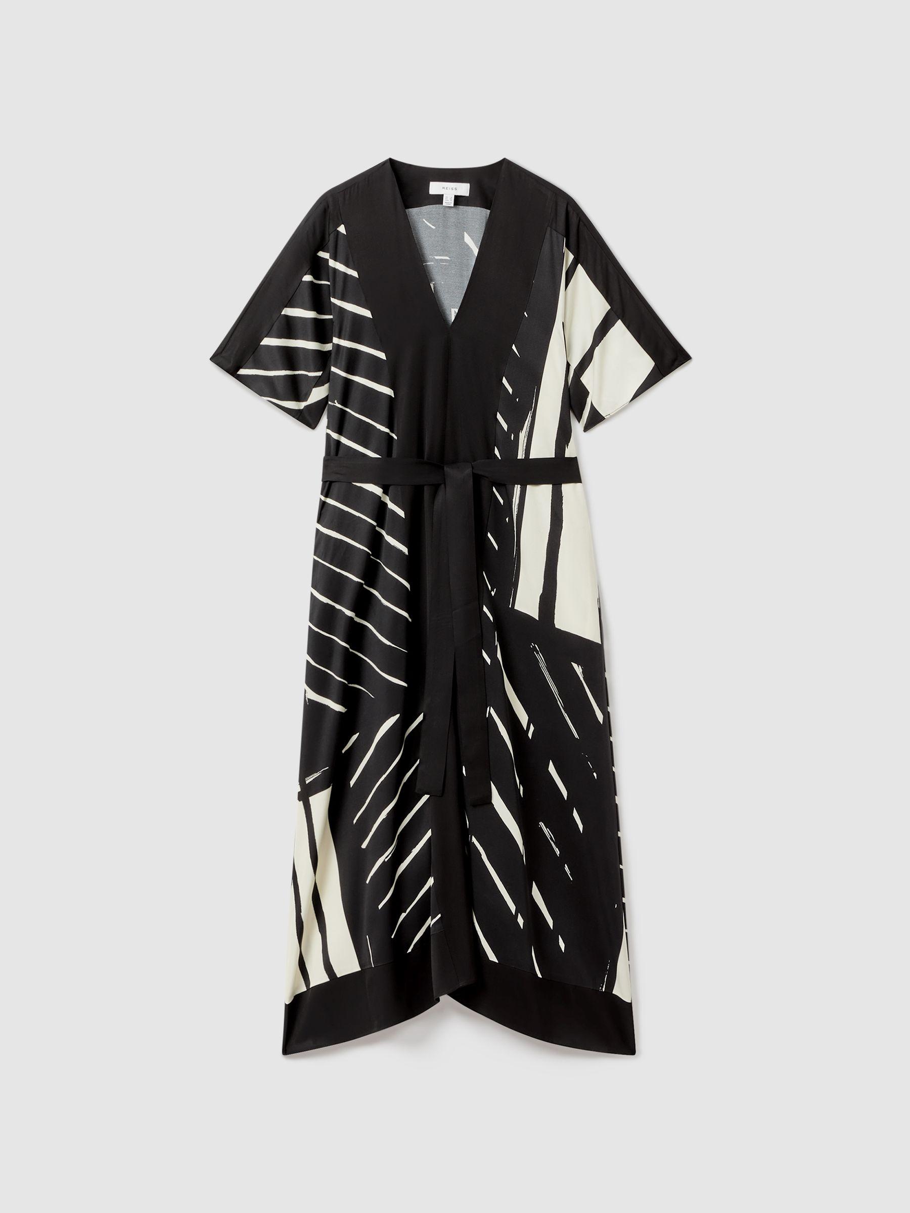 Printed Fit and Flare Midi Dress in Black/White Product Image
