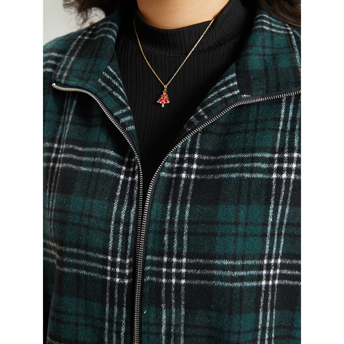 Plus Size Plaid Lapel Collar Pocket Zipper Fly Jacket Women DarkGreen Contrast Pocket Dailywear Jackets BloomChic 28/5X Product Image