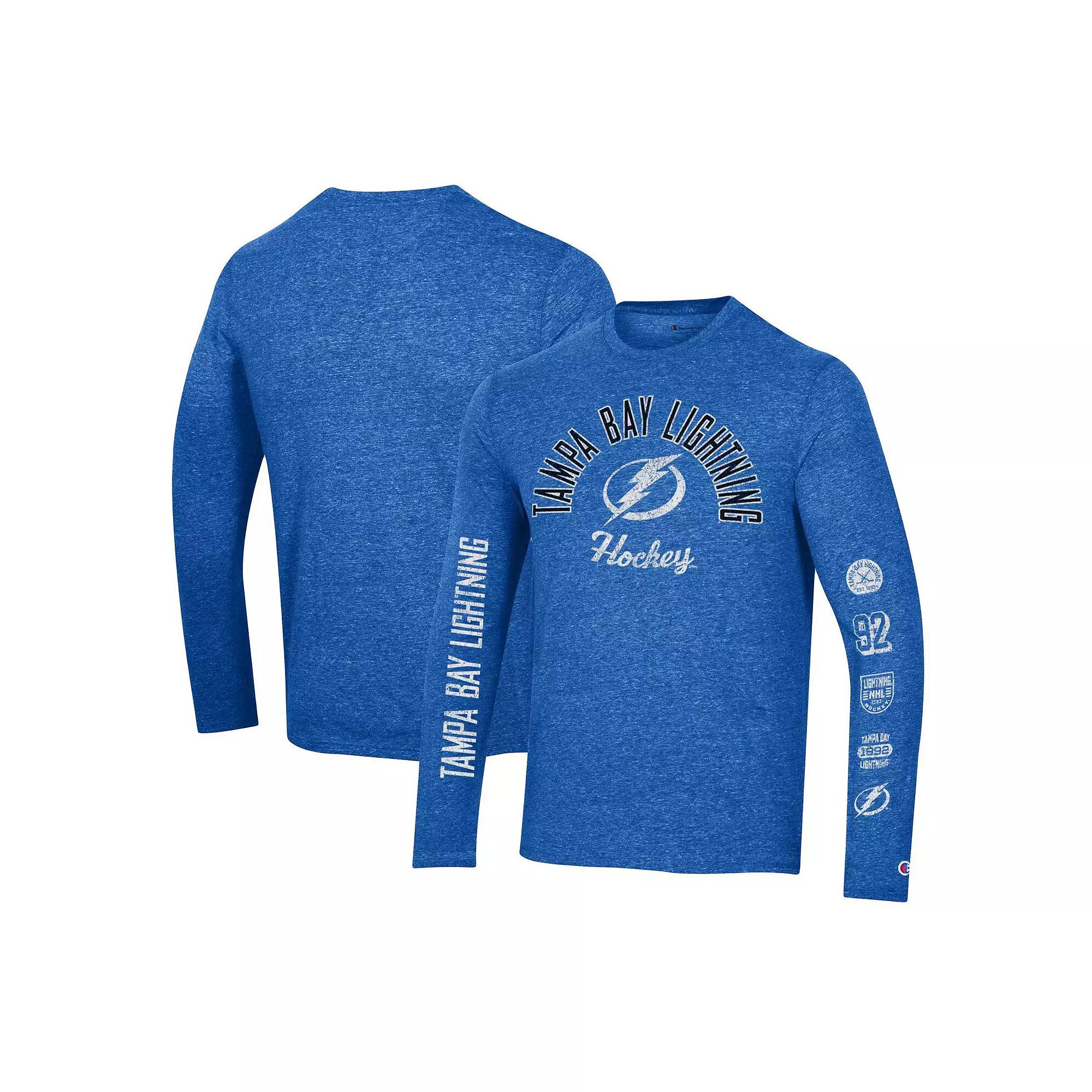 Men's Champion Heather Blue Tampa Bay Lightning Multi-Logo Tri-Blend Long Sleeve T-Shirt,  Product Image