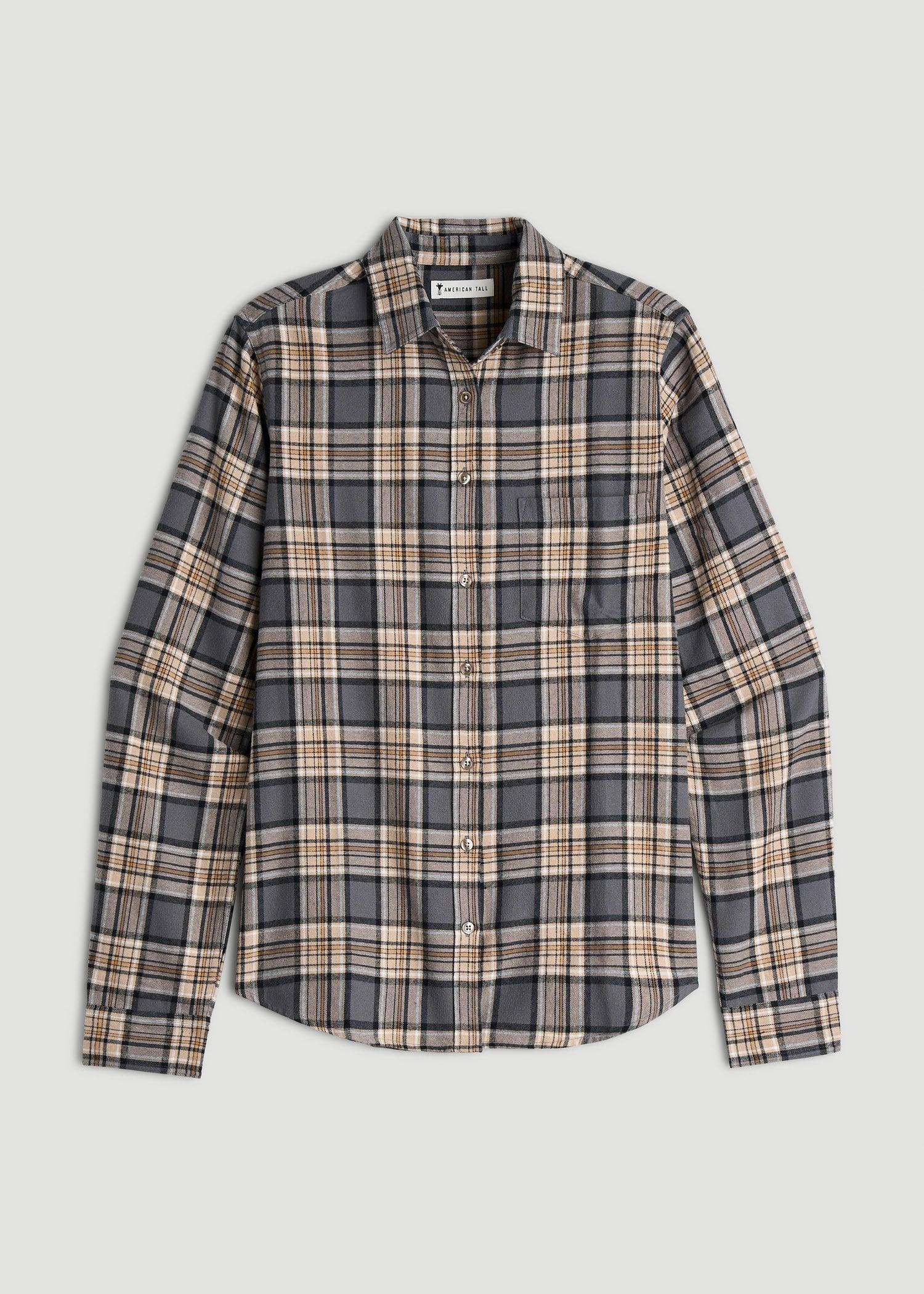 Flannel Button-Up Shirt for Tall Women in Grey and Camel Plaid Product Image