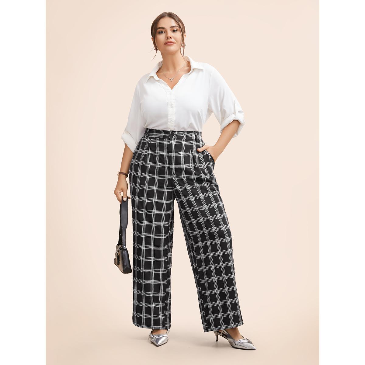 Plus Size Plaid Mid Rise Wide Leg Pants Women Black At the Office Wide Leg Mid Rise Work Pants BloomChic 26/4X Product Image
