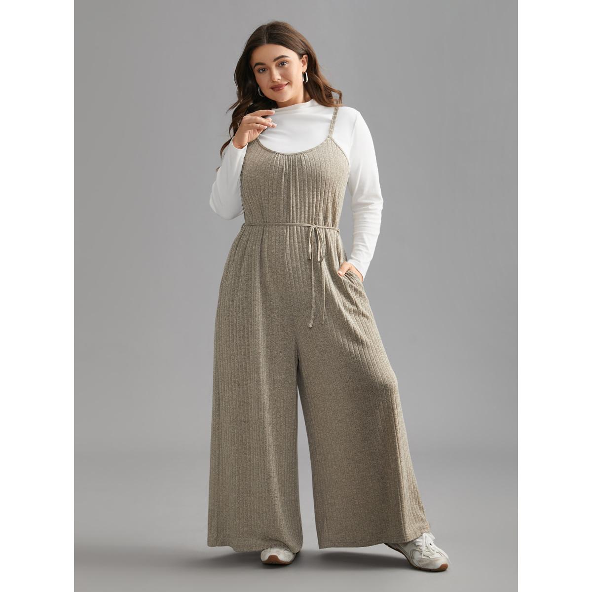 Plus Size Champagne Textured Waist-Tie Pockets Jumpsuit Women Lounge Sleeveless U-neck Everyday Loose Jumpsuits BloomChic 10/M Product Image