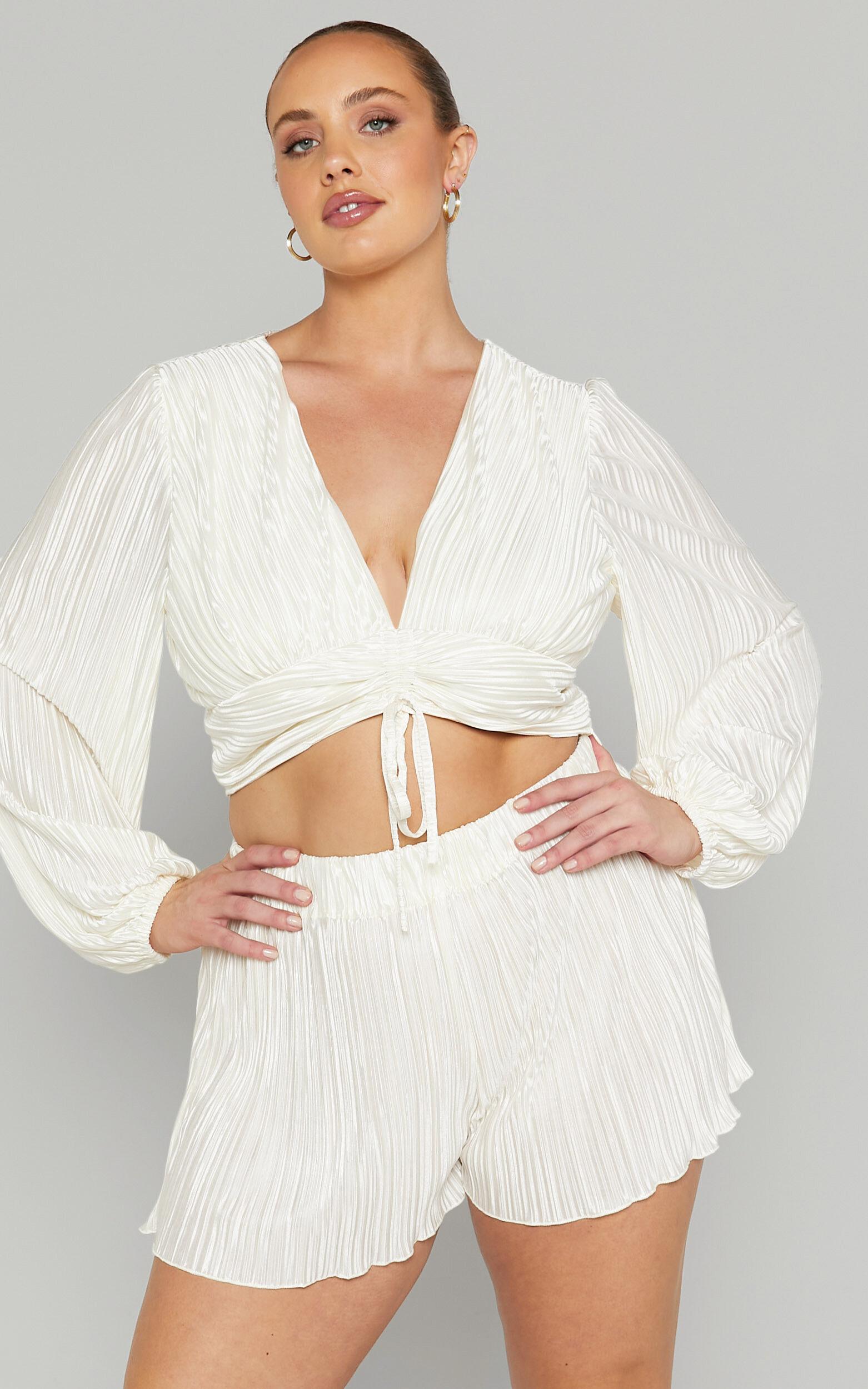 Jondra Blouse - Ruched Front Long Sleeve Plisse Blouse in Cream Product Image