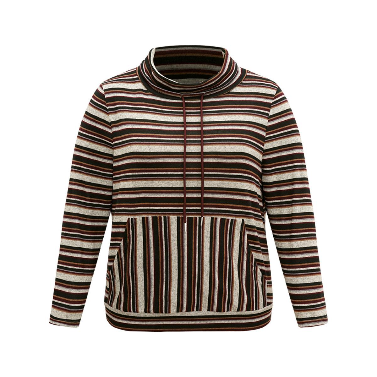 Plus Size Striped Mock Neck Drawstring Pocket T-shirt Burgundy Women Casual Contrast Striped Mock Neck Dailywear T-shirts BloomChic 22-24/3X Product Image