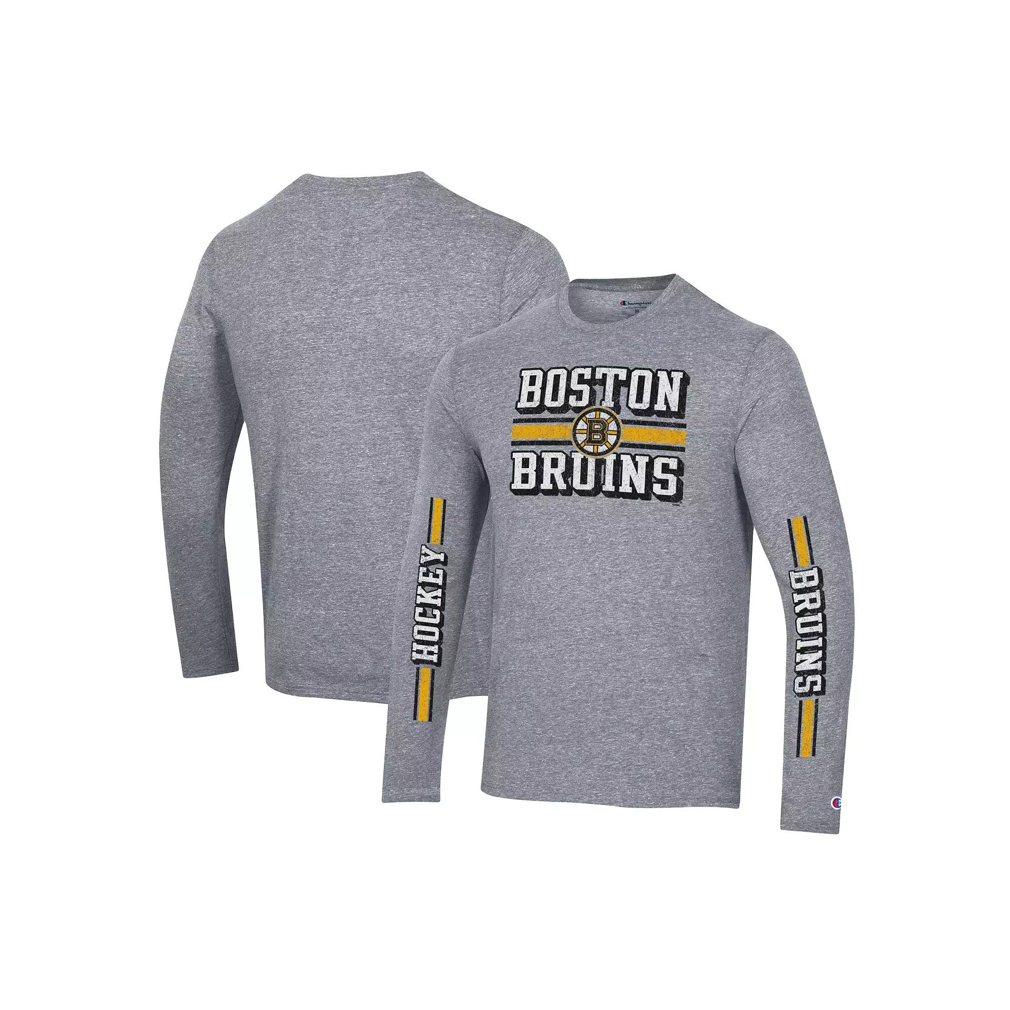 Men's Champion Heather Gray Boston Bruins Tri-Blend Dual-Stripe Long Sleeve T-Shirt,  Product Image