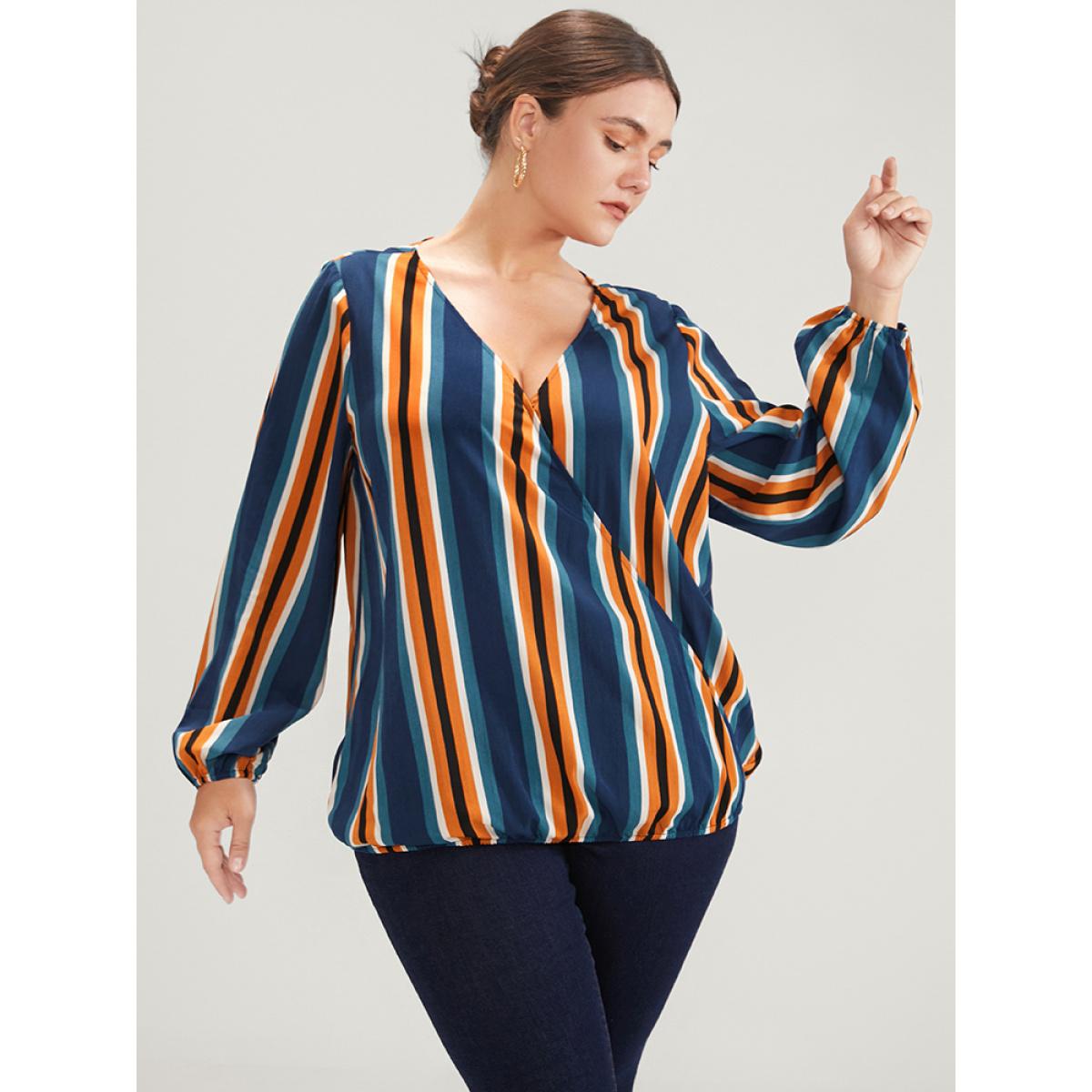 Plus Size Indigo Striped Lantern Sleeve Wrap Blouse Women Office Long Sleeve V-neck Office Blouses BloomChic 22-24/3X Product Image