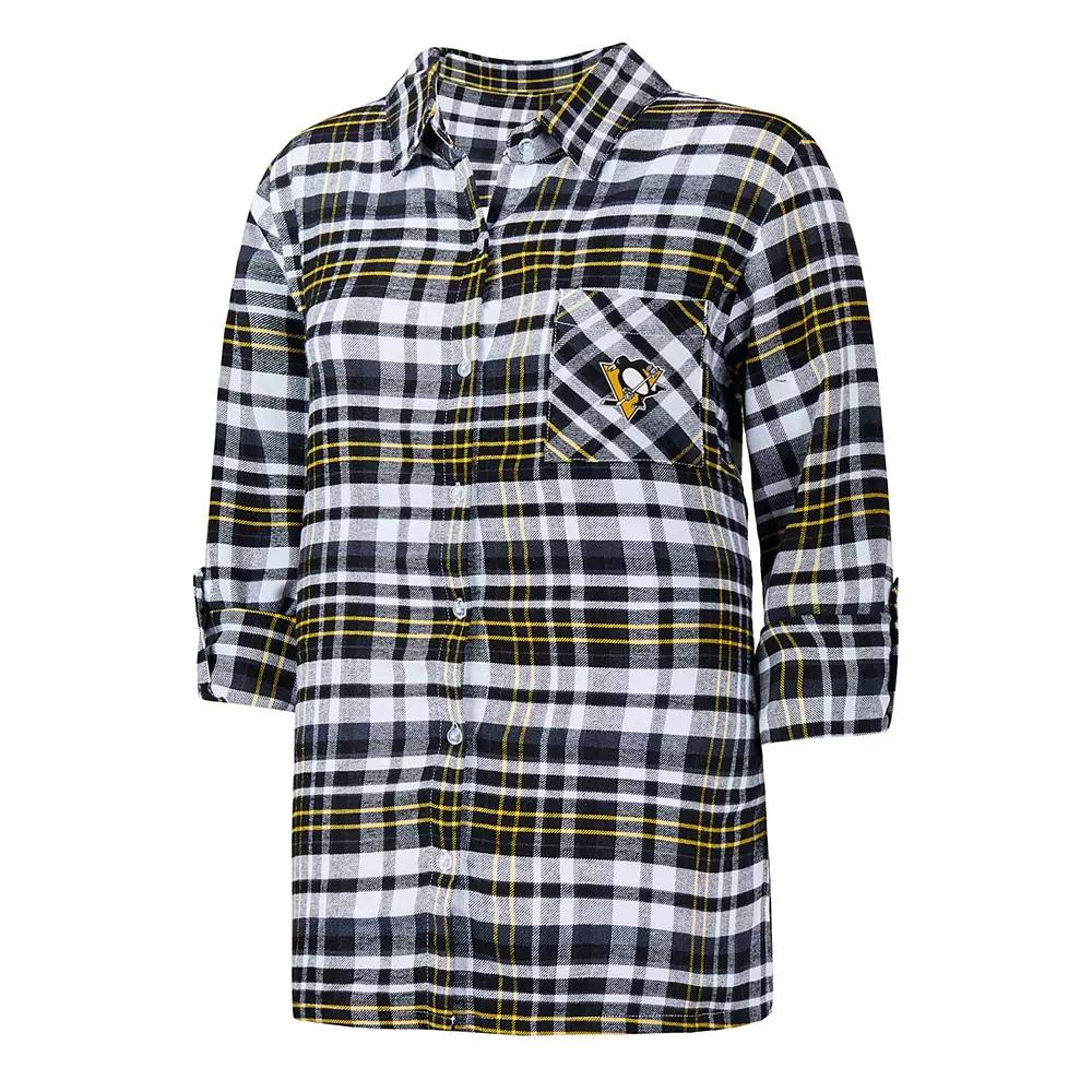 Women's Concepts Sport Black Pittsburgh Penguins Mainstay Flannel Full-Button Three-Quarter Sleeve Nightshirt, Size: Large Product Image