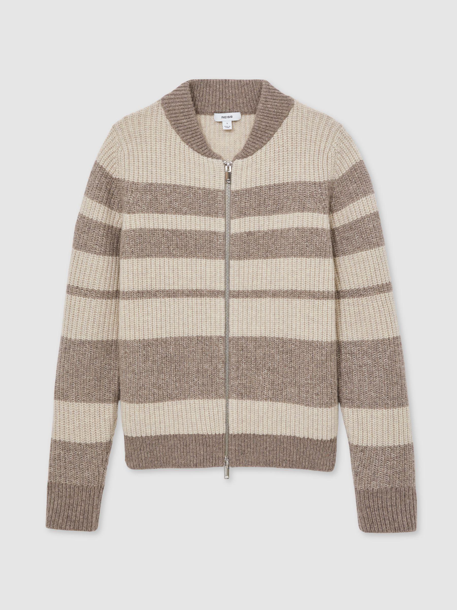 Wool Stripe Zip-Through Cardigan in Neutral/Brown Product Image