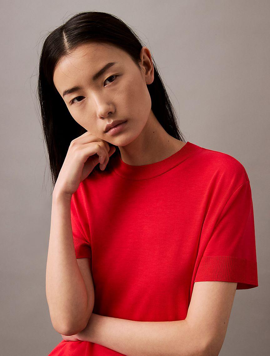 Fine Knit Mock Neck T-Shirt Product Image