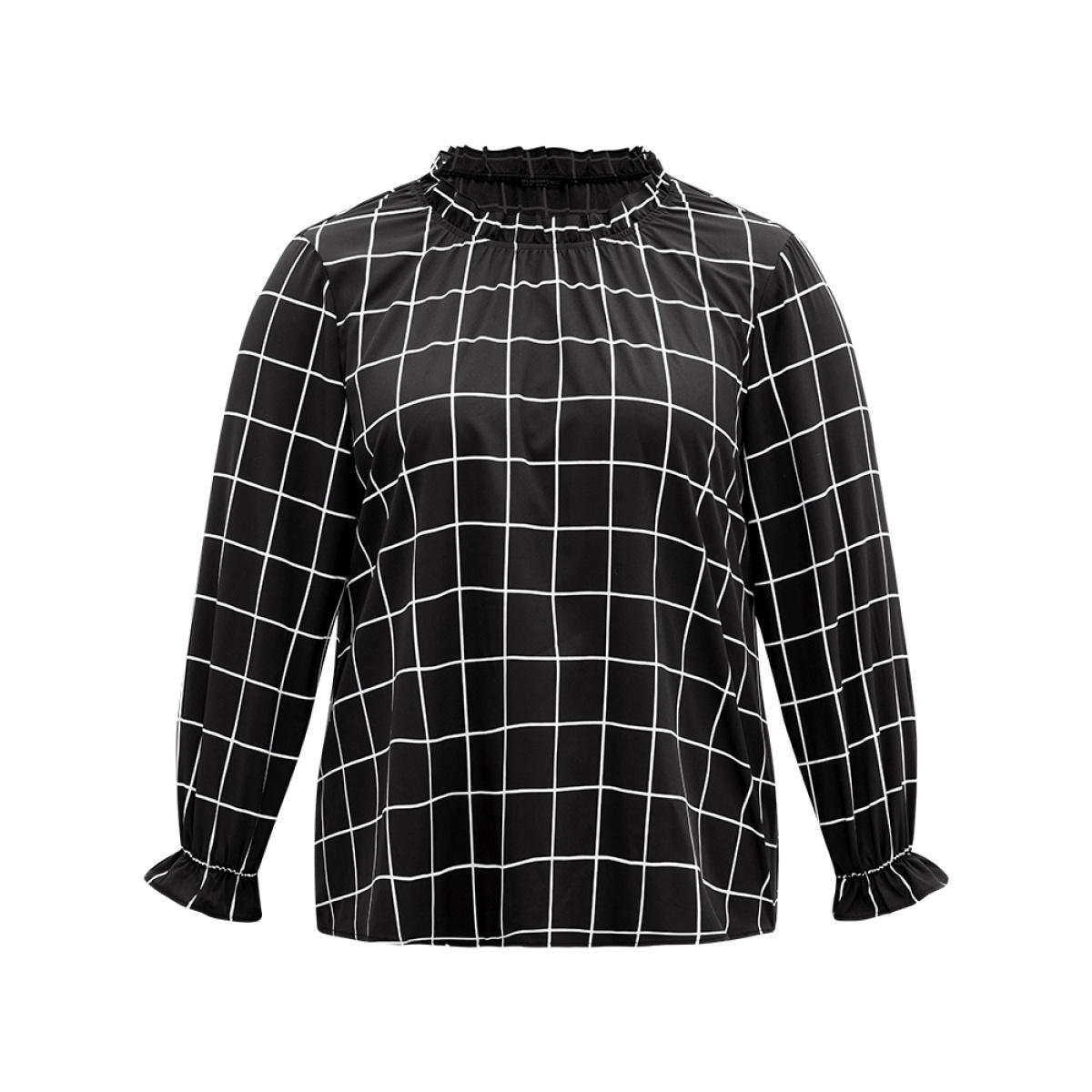 Plus Size Black Plaid Stand Collar Ruffles Lantern Sleeve Blouse Women Office Long Sleeve Stand-up collar Office Blouses BloomChic 14-16/1X Product Image