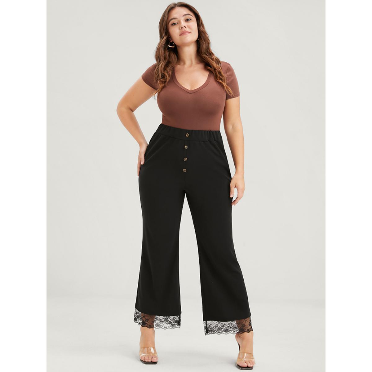Plus Size Solid Fake Button Scalloped Lace Trim Elastic Waist Pants Women Black Elegant Loose High Rise Dailywear Pants BloomChic 18-20/2X Product Image