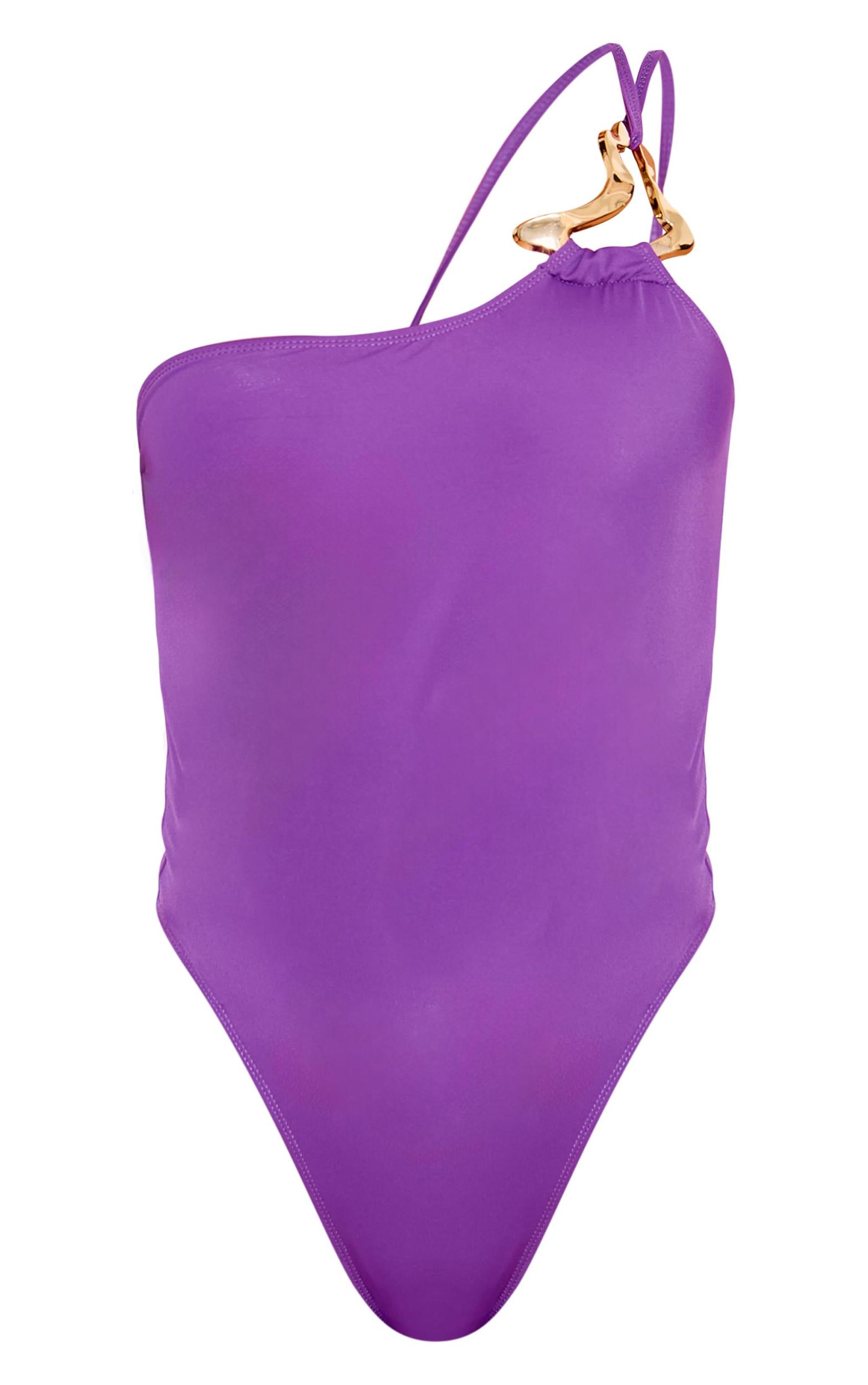 Purple Gold Trim Asymmetric Swimsuit Product Image