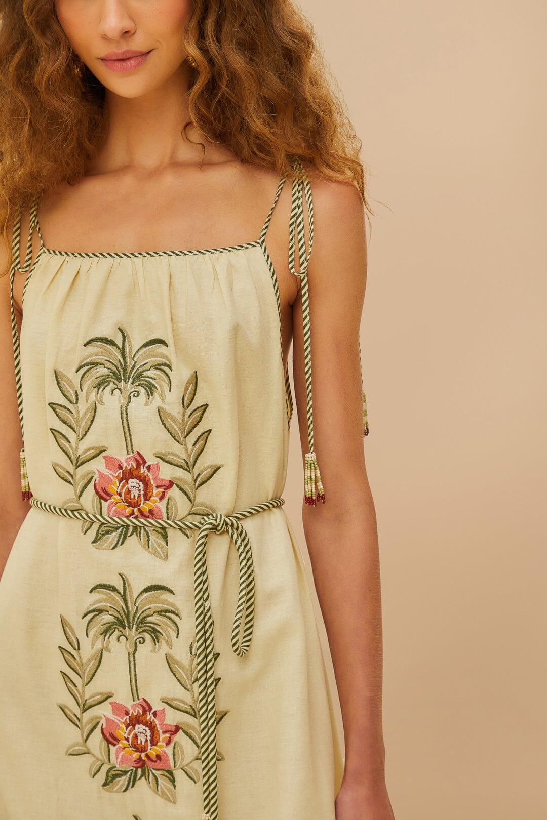 Sand Tropical Flower Embroidered LENZING™ ECOVERO™ Euroflax™ Maxi Dress Product Image