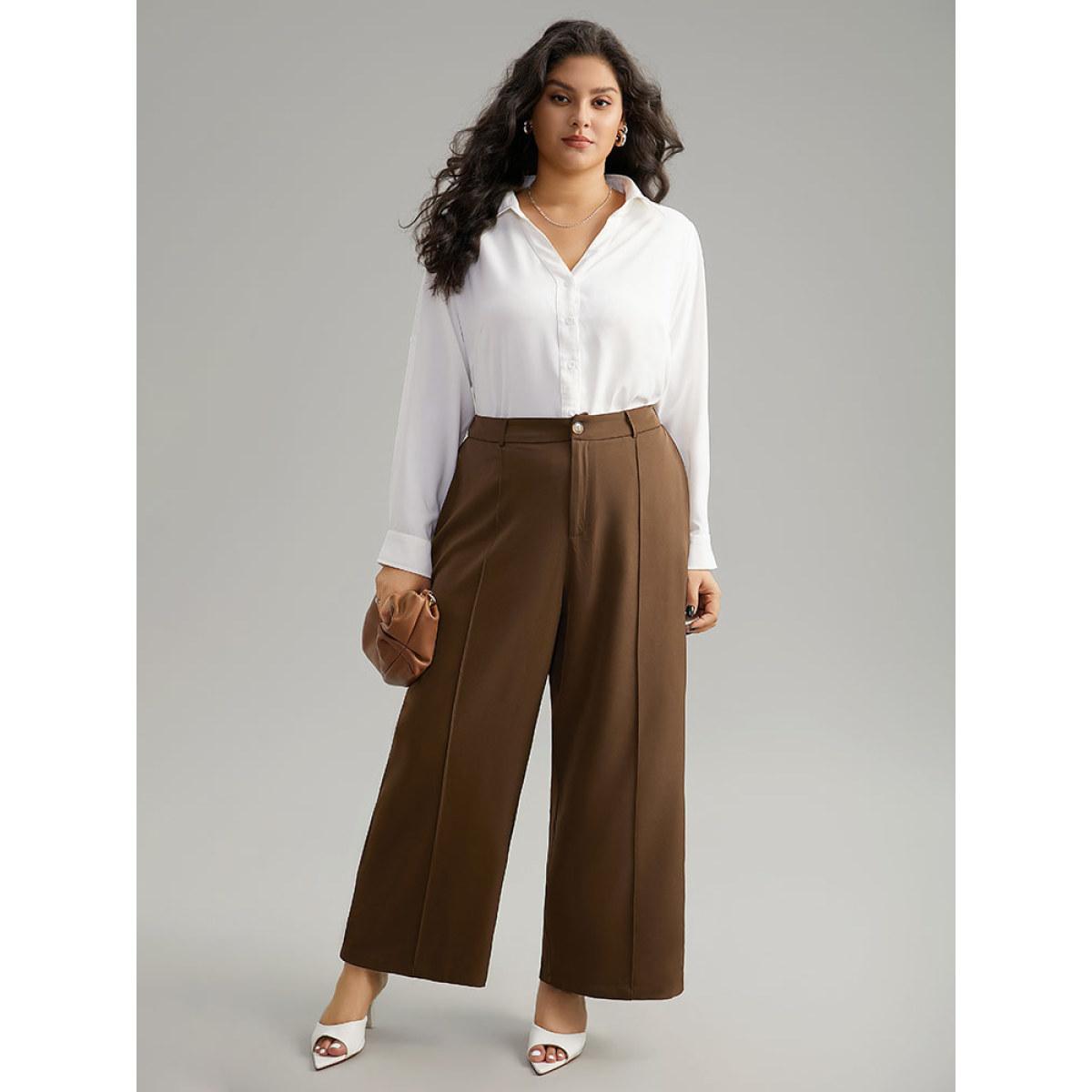 Plus Size Static-Free Plain Pocket Pleated Pants Women DarkBrown Office Straight Leg High Rise Office Pants BloomChic 28/5X Product Image