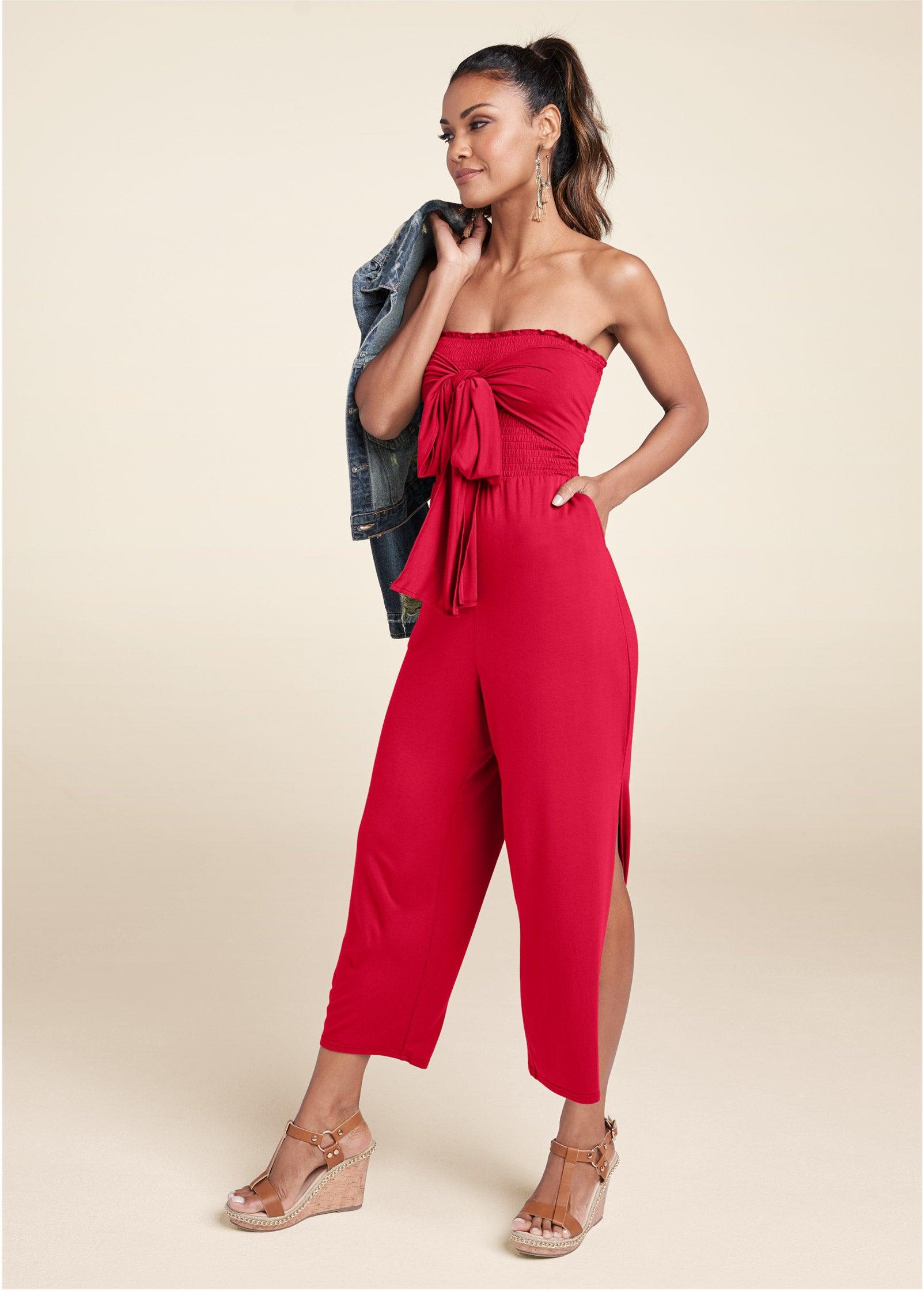 Smocked Tie-Front Jumpsuit - Red Product Image
