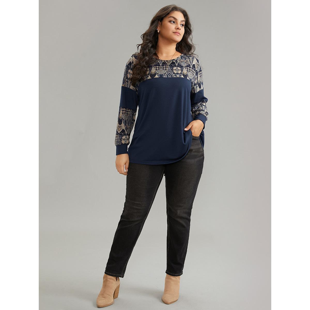 Plus Size Boho Print Patchwork Round Neck Sweatshirt Women DarkBlue Casual Printed Round Neck Dailywear Sweatshirts BloomChic 14-16/1X Product Image