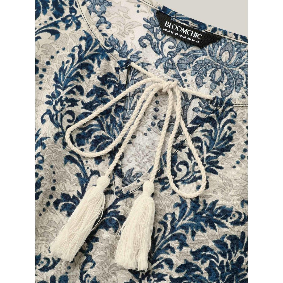 Plus Size Ornate Print Curvy Hem Tied Maxi Dress Navy Women Resort Tie knot V-neck Short sleeve Curvy BloomChic 28/5X Product Image