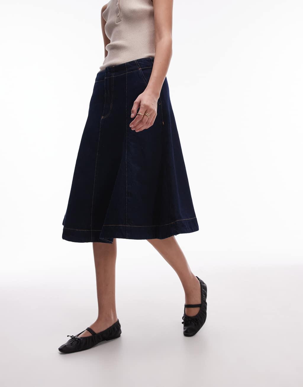 Mango denim pleated midi skirt in dark blue Product Image