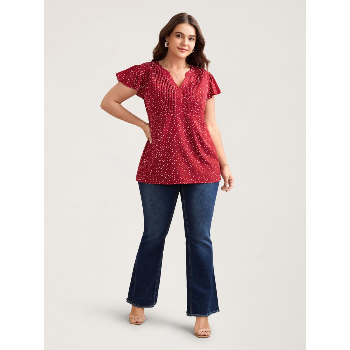 Plus Size Raspberry Polka Dot Print Toothpick Pleat Blouse Women Timeless Short sleeve Notched collar Elegant Blouses BloomChic 14-16/1X Product Image