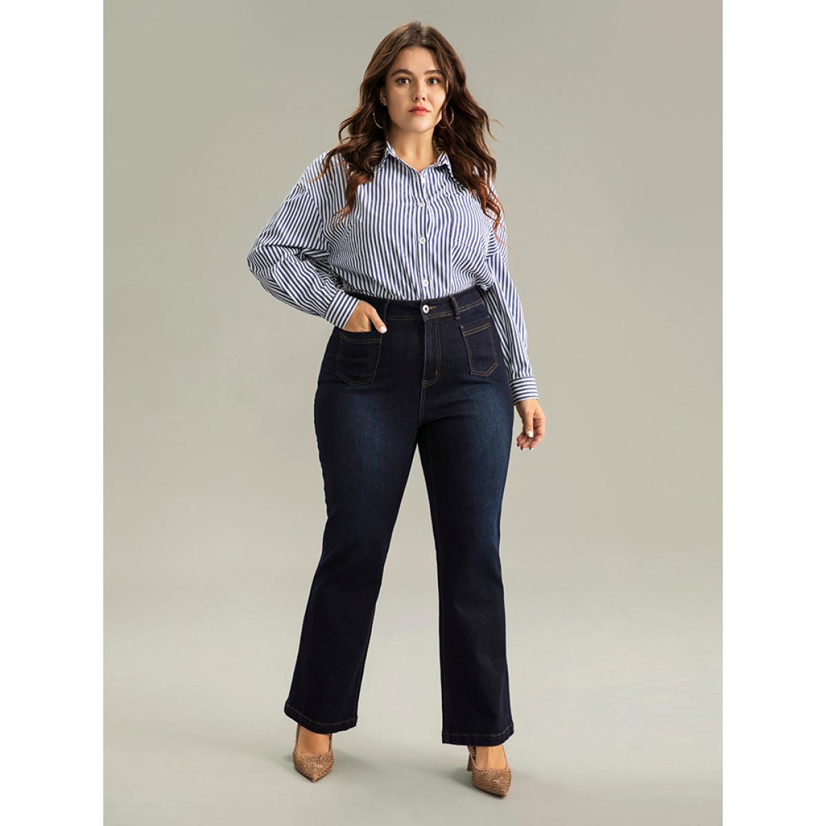 Plus Size Straight Leg Dark Wash Patched Pocket Jeans Women Midnight Casual Plain Plain High stretch Pocket Jeans BloomChic 24/3X Product Image