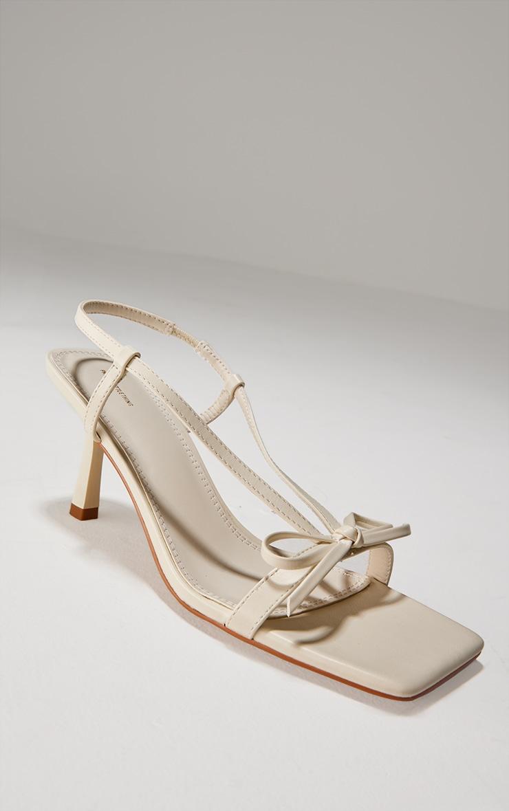 Cream PU Square Toe Bow Sling Back Mid Heeled Sandals Product Image