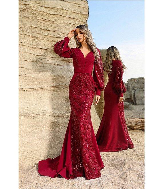Terani Couture Belted V-Neck Long Bishop Sleeves Sequined Two Way Stretch Satin Mermaid Gown Product Image