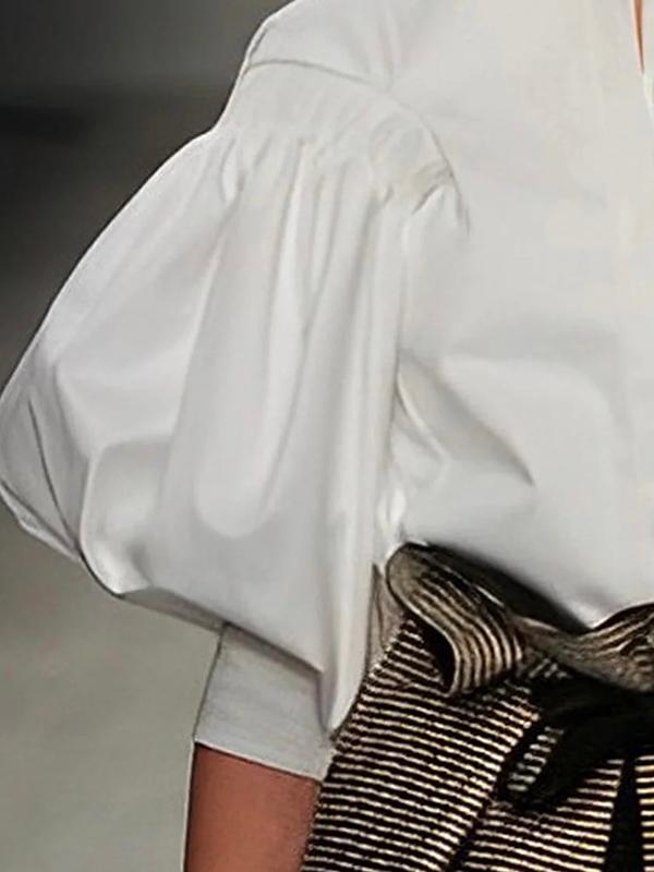 Puff Sleeves Buttoned Solid Color Blouses&Shirts Tops Product Image