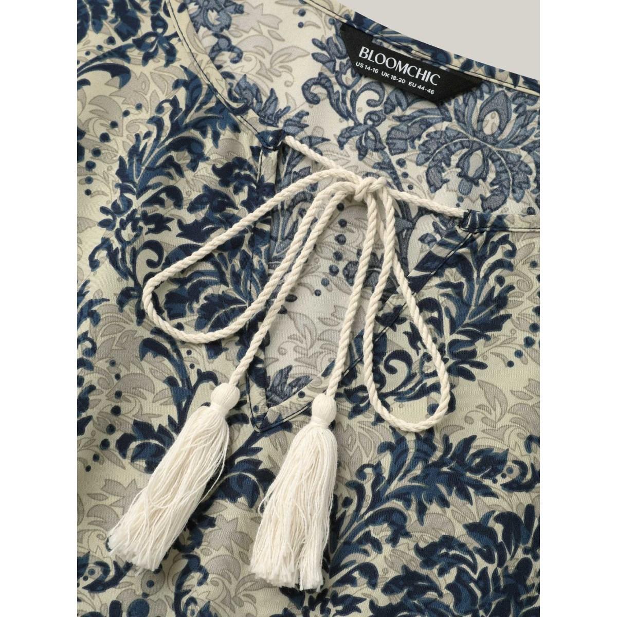 Plus Size Ornate Print Curvy Hem Tied Maxi Dress Navy Women Resort Tie knot V-neck Short sleeve Curvy BloomChic 28/5X Product Image