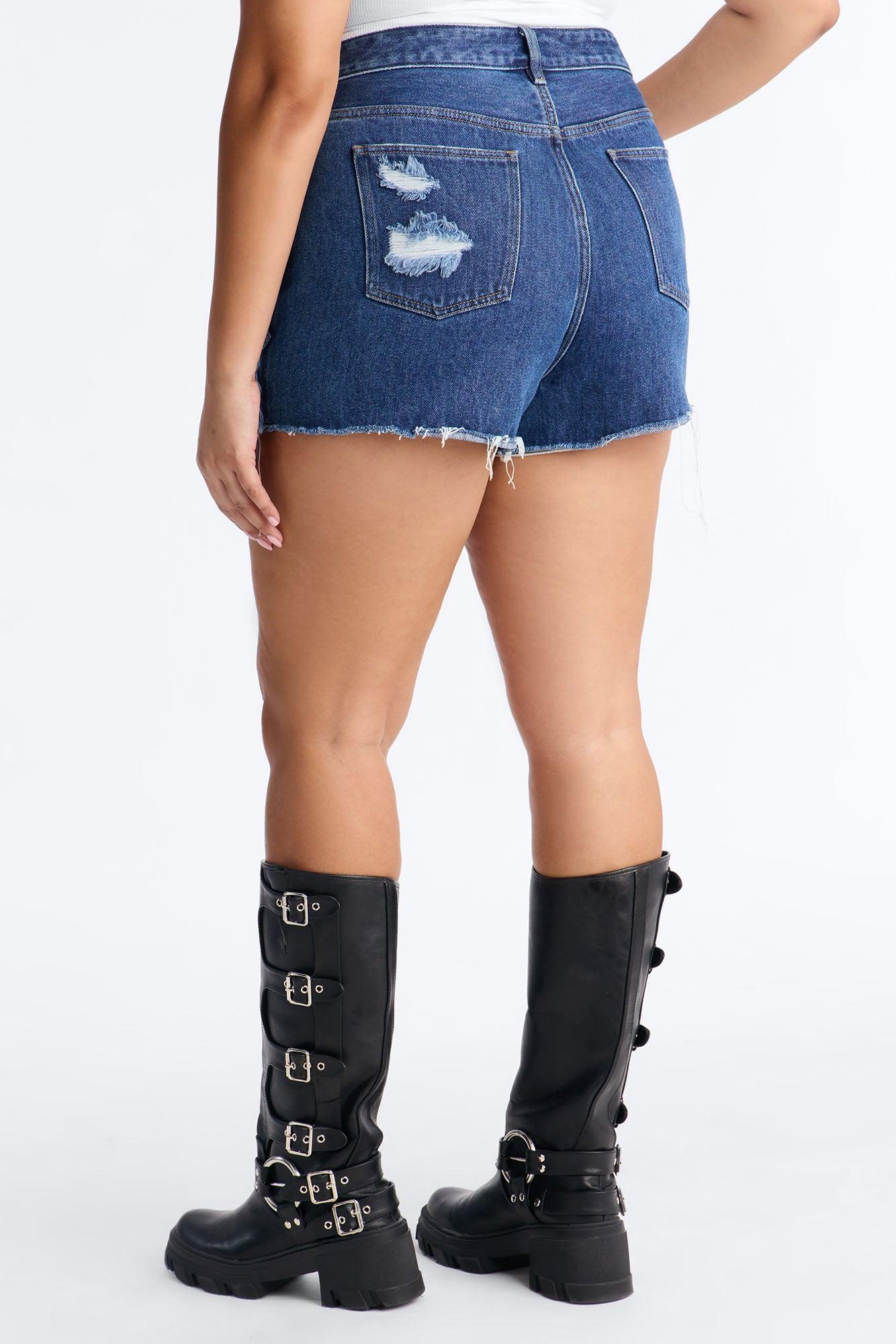 Indio Fringe Ripped High Rise Denim Shorts - Dark Wash Female Product Image