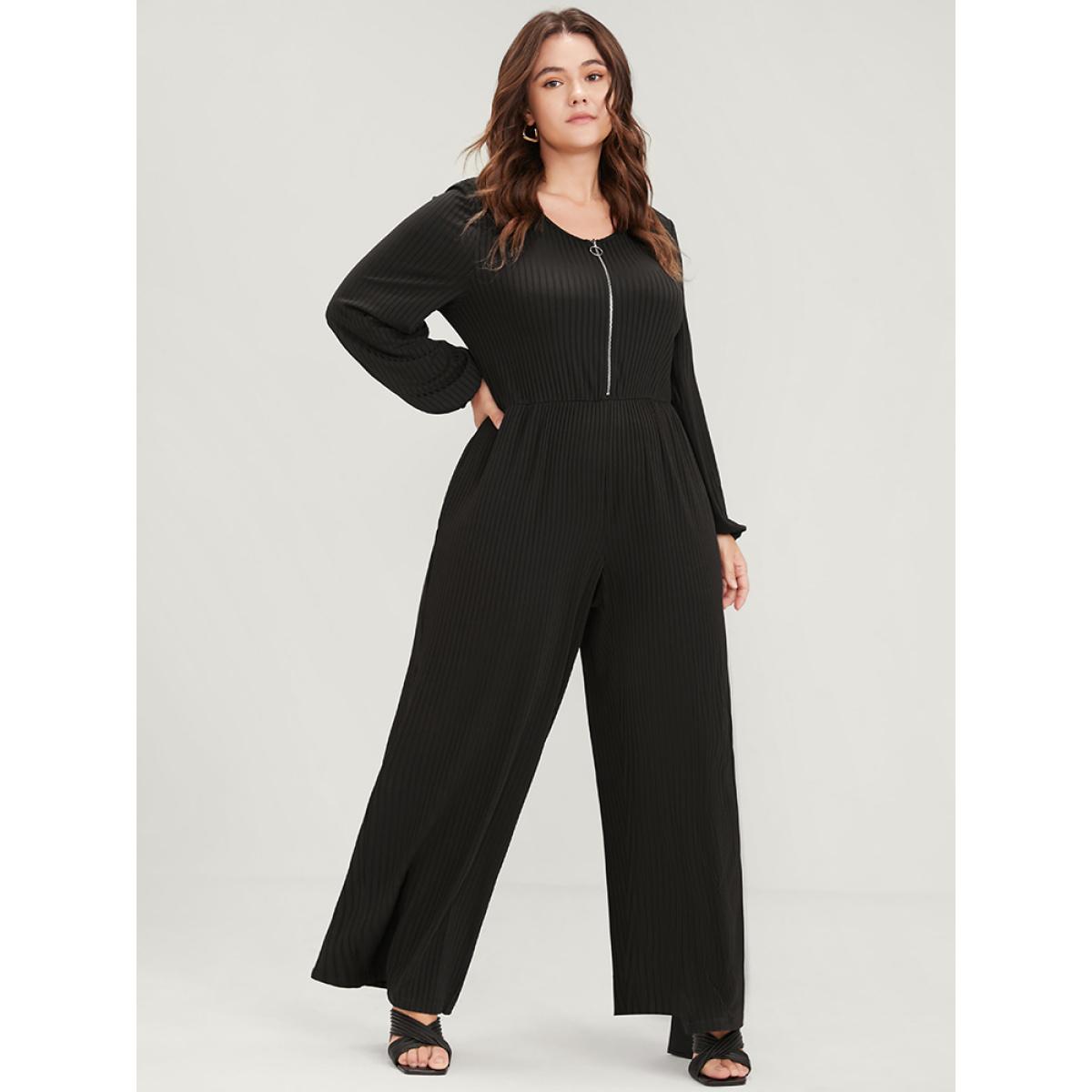 Plus Size Black Plain Zipper Half Lantern Sleeve Pocket Rib Knit Jumpsuit Women Office Long Sleeve Round Neck Work Loose Jumpsuits BloomChic 28/5X Product Image