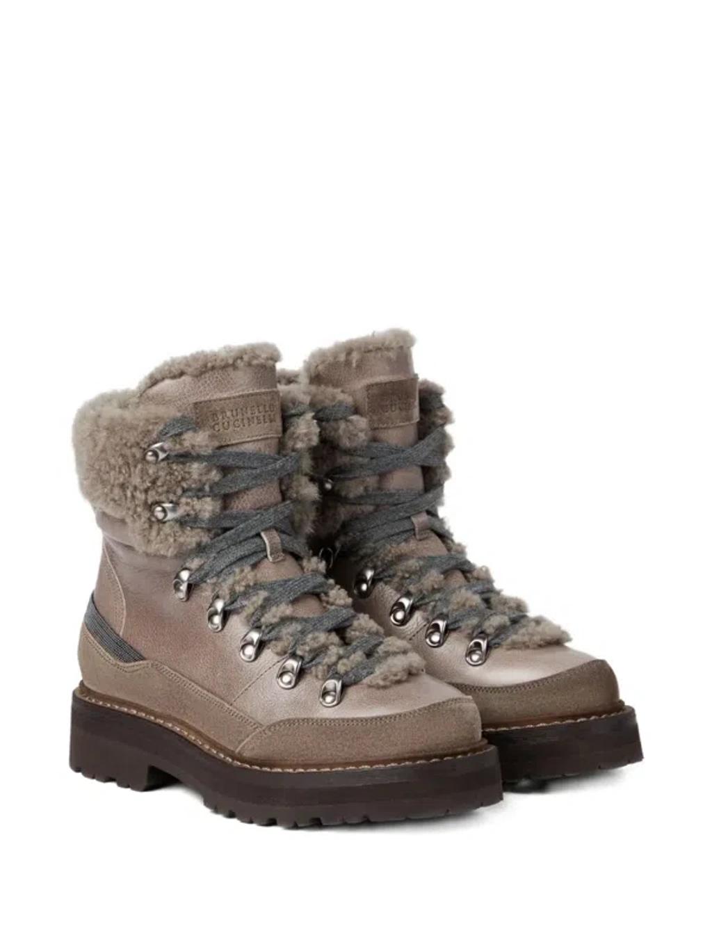 BRUNELLO CUCINELLI Bead-embellished Shearling-trimmed Leather Ankle Boots In Multi Product Image