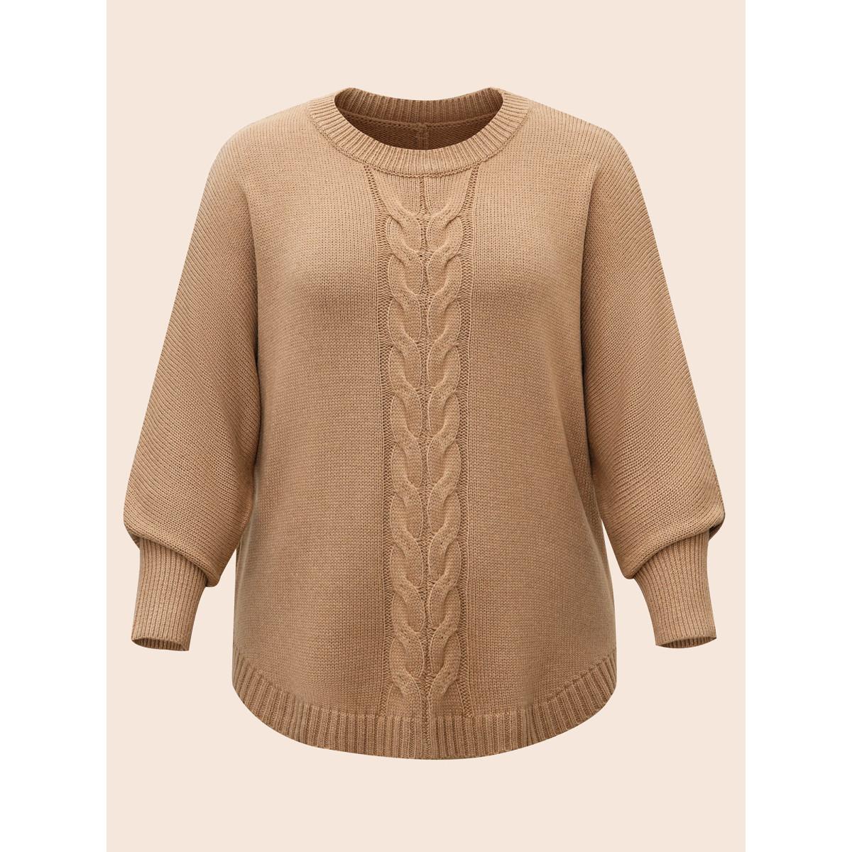 Plus Size Plain Dolman Sleeve Arc Hem Pullover Tan Women Casual Loose Long Sleeve Round Neck Everyday Pullovers BloomChic 14-16/1X Product Image
