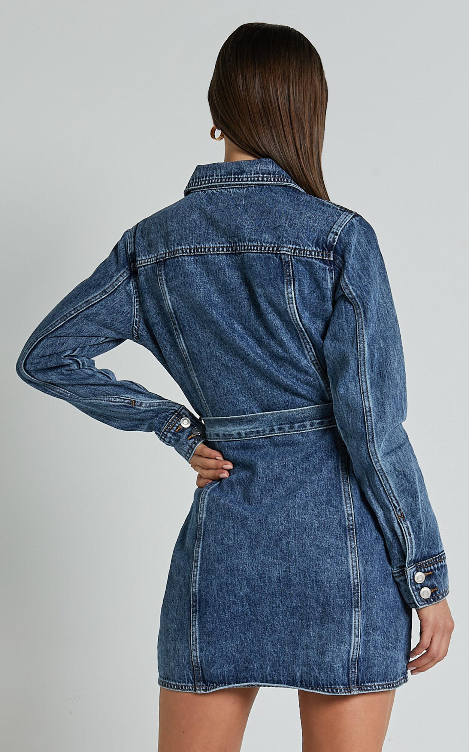 Enriquetta Mini Dress - Cotton Denim Long Sleeve Button Up Dress in Blue Product Image